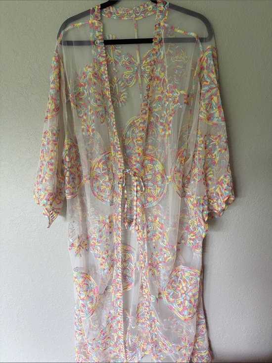 Other - Sheer Pastel Embroidered Tie-Front Kimono Robe - Multicolor Pastel